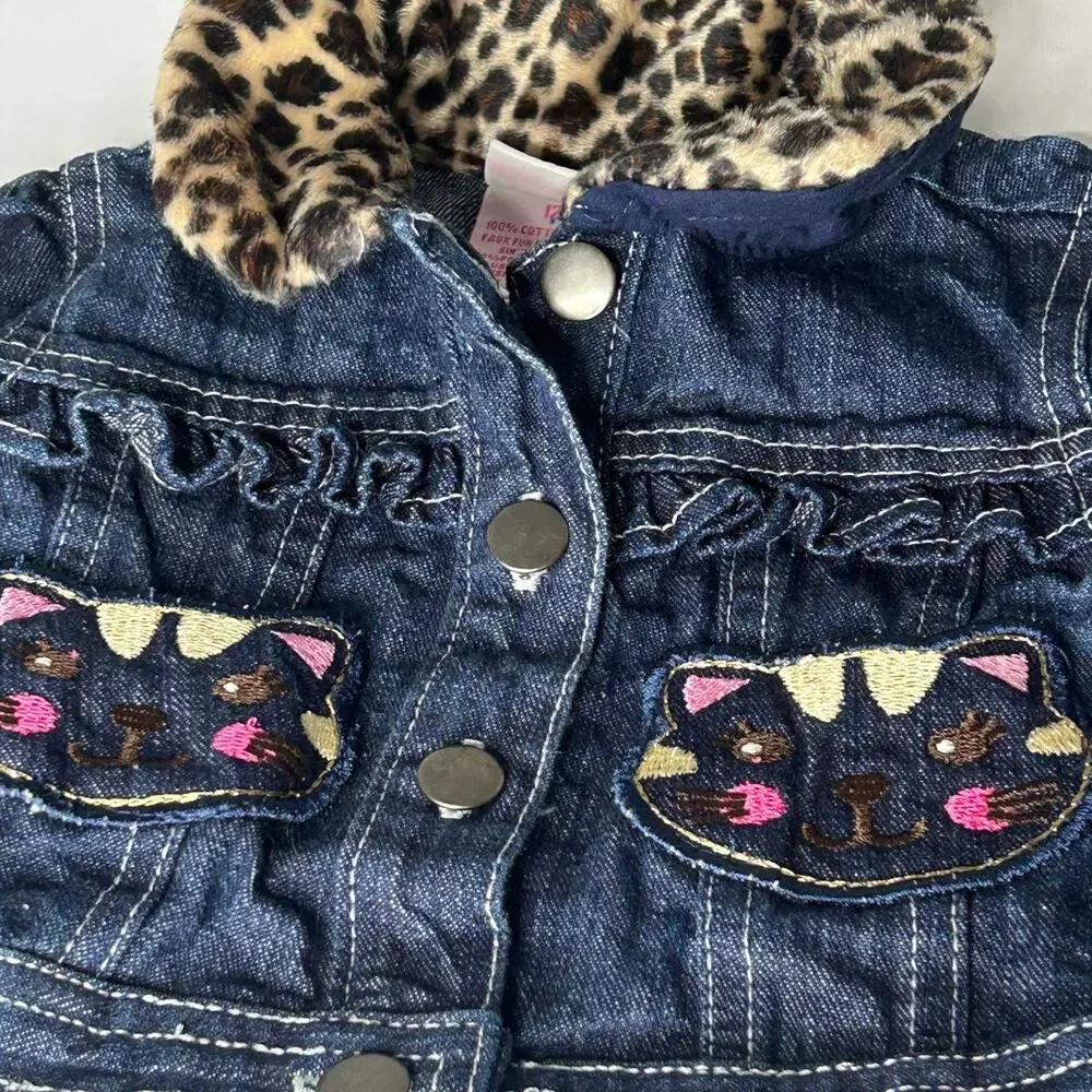 Nanette Kids sz 12 mth Dark denim jacket leopard collar embroidered cat face